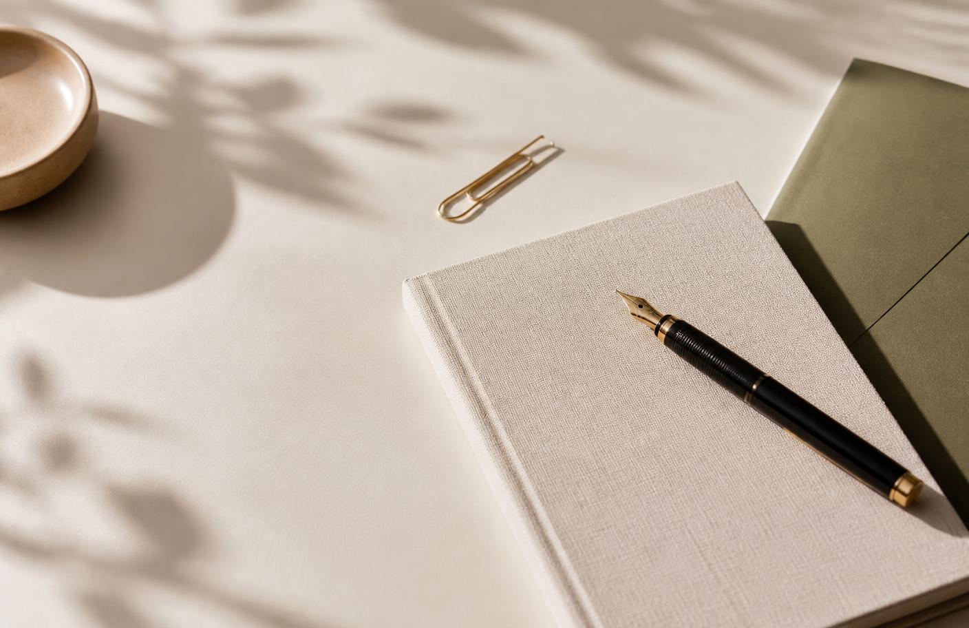 Cuaderno, pluma y carpeta sobre una mesa clara